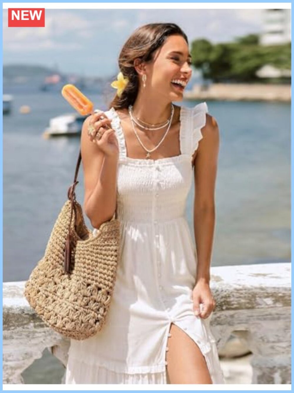 Square Neck Smocked Midi Dress Button Front Ruffle Strap Flowy Sundress - Picture 4 of 6